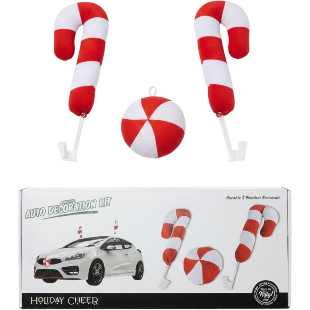 Nifty Holiday Cheer Candy Cane Auto Decoration Kit Red White Christmas Car Decor